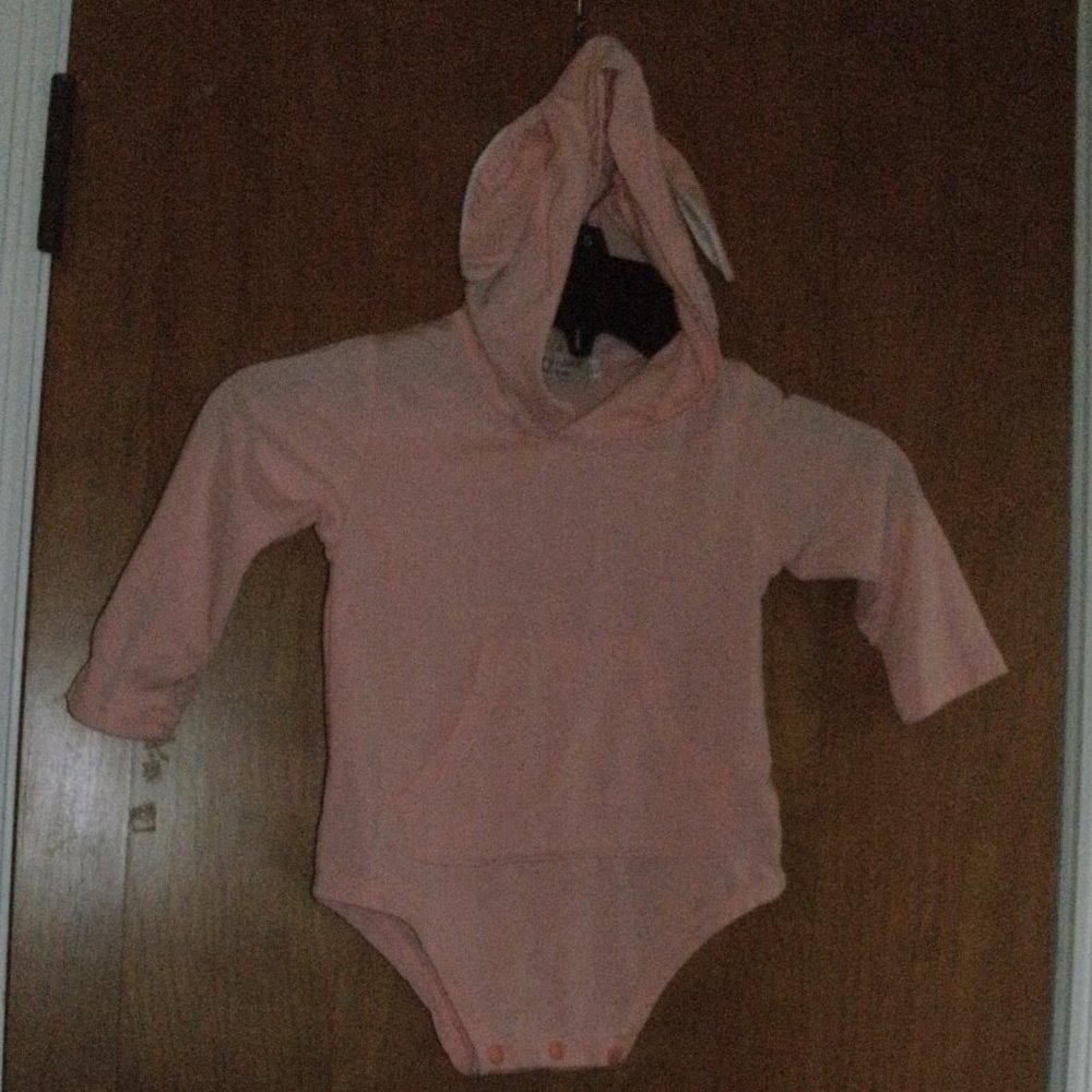 RORYCHEN Pink Long Sleeve One Piece Bodysuit with Hood & Bunny Rabbit Ears sz 80